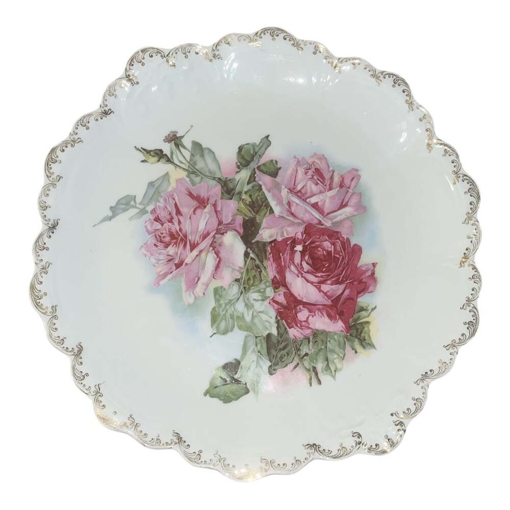 Antique Z.S. & Co. Bavaria Porcelain Plate with Roses and Gold Scalloped Trim